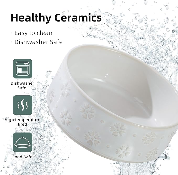 Ceramic 5.1inch Raised Dog and Cat Bowl Set, 2 Heights Elevated Wooden Stand for Puppy, Kitty, Cats, Weighted Pet Food and Water Dishes(5.1'',13.5oz, Arctic White)