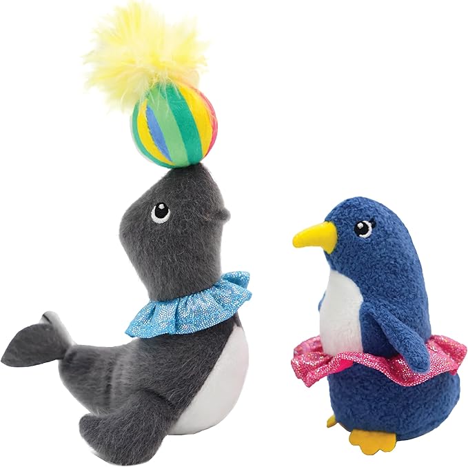 2 Pack Interactive Catnip and Feather Cat Toys, Circus Penguin and Seal Catnip Toys, Accessories for Indoor Cat, Catnip Plush Toys with Natural Feathers and Rattles