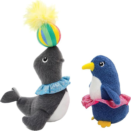 2 Pack Interactive Catnip and Feather Cat Toys, Circus Penguin and Seal Catnip Toys, Accessories for Indoor Cat, Catnip Plush Toys with Natural Feathers and Rattles