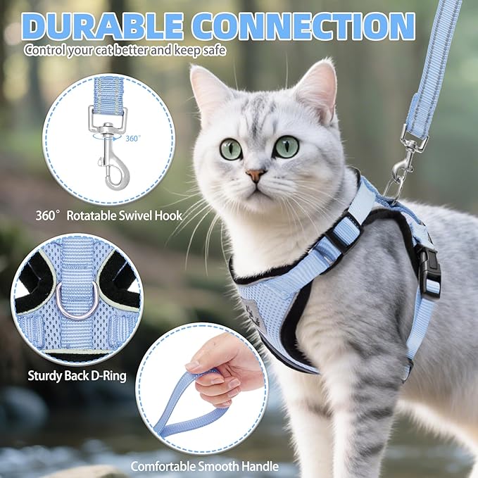 PUPTECK Cat Harness and Leash Set Escape Proof Reflective Cat Walking Harness Adjustable Soft Breathable Mesh Vest for Small Pets, Sky Blue, S