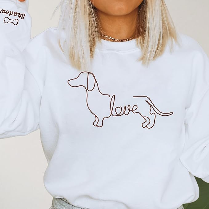 NAZENTI Embroidered Dachshund Sweatshirt with Dog Name on Sleeve, Personalized Valentines Dog Mom Shirt, Wiener Dog Gifts