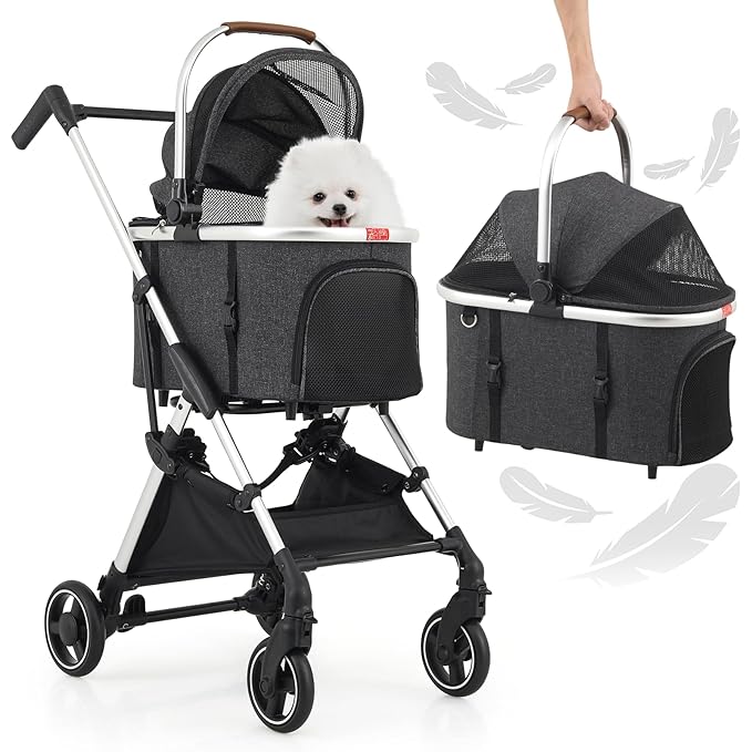 MoNiBloom Pet Stroller for Small/Medium Dogs w/Detachable Carrier & Lightweight Aluminum Frame, Folding Jogging Travel Stroller, Dark Gray