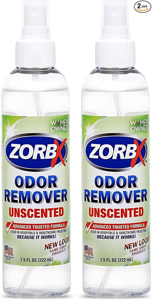 ZORBX Unscented Odor Eliminator for Strong Odor 7.5 Fl Oz Pack of 2 - Used in Hospitals & Healthcare Facilities - Advanced Formula, Fast-Acting Odor Remover Spray for Dog, Cat, House & Carpet