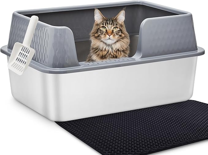 Vealind Stainless Steel Cat Litter Box High Sided Metal Cats Litter Pan Tray Enclosed with Scoop Mats Non-Sticky Anti-Leakage Easy Cleaning Kitty Litter Boxes