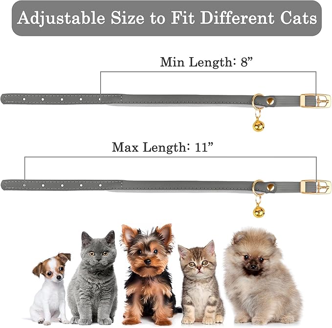 OOPSDOGGY Rolled Leather Cat Collar with Bell - Reflective Kitten Collar with Safety Elastic Strap - Adjustable Small Pet Collars for Boy Girl Cats (Graphite)