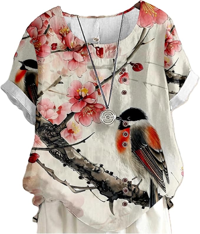 Japanese Print Women Summer Shirts Flower Bird Graphic Plus Size Tunic Tops Crewneck Short Sleeve Blouses