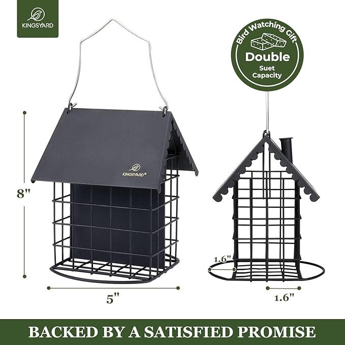 Kingsyard Double Suet Bird Feeder with Weatherproof Roof & Perch, All Metal, Suet Cakes Cage Bird Feeder for Outdoors Hanging, Easy to Clean & Refill, Black