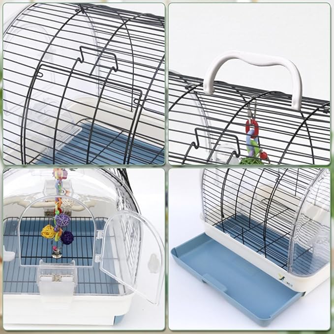 Portable Bird Cage Carrier, Travel Parrot Cage with 2 Perches, 2 Food Bowls and Tray, Metal Parakeet Cages for Small to Medium Sized Birds Cockatiels Lovebirds Canaries Budgies