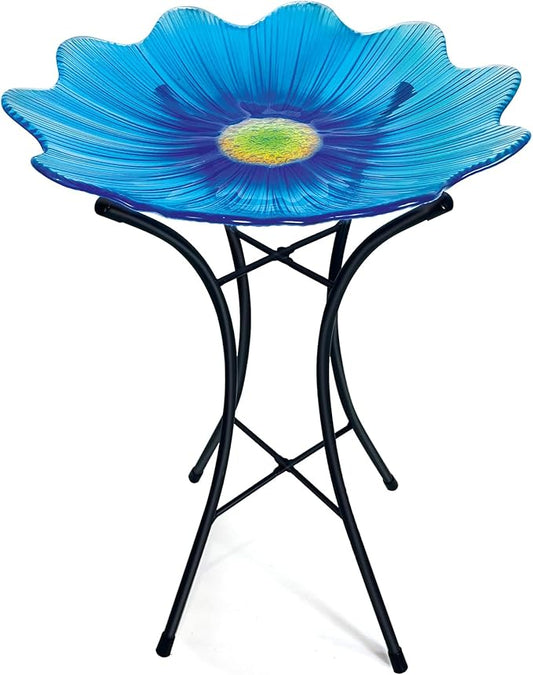 HONGLAND Glass Birdbath with Metal Stand Outside Yard Garden Decor, 15" Diameter Detachable Glass Bird Baths Bowl for Outdoors, 21 inch Height (Blue Flower)