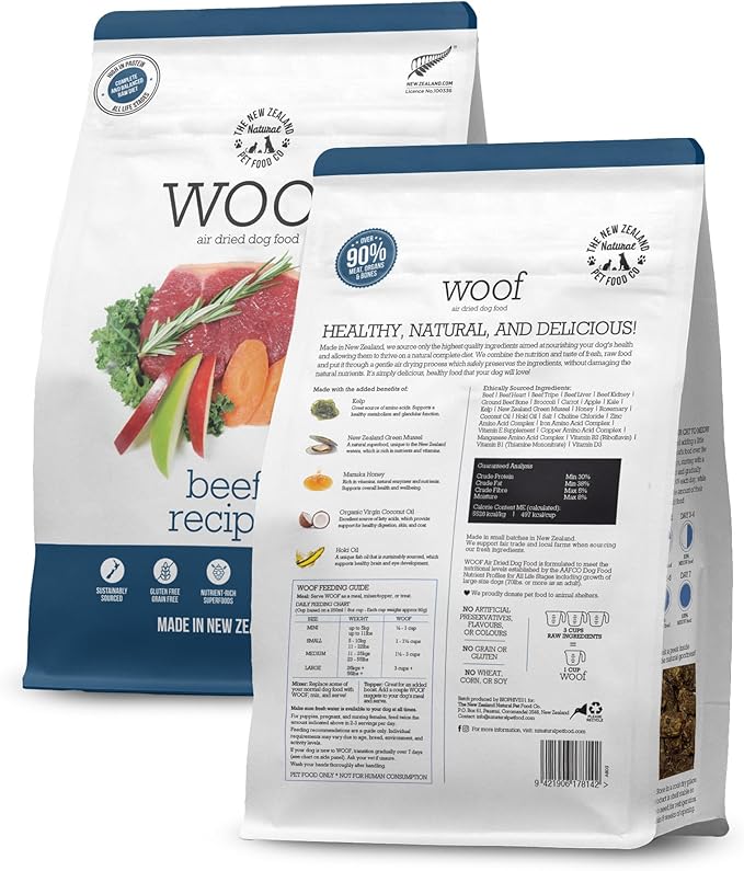 The New Zealand Natural Pet Food Co WOOF Air Dried Dog Bites - Beef Recipe, Air Dried Dog Food, High Protein Beef Food, Healthy Dog Food, 26.5 oz