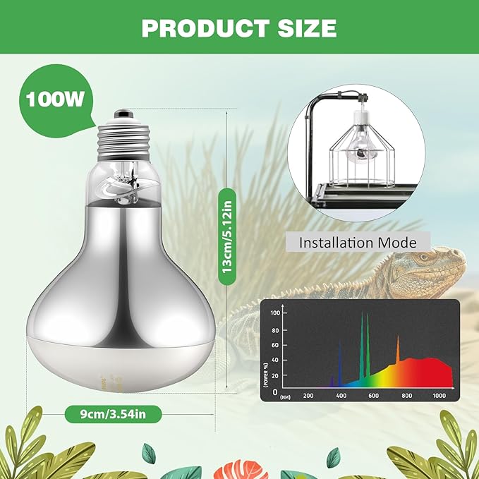 100W Reptile Heat Lamp Bulbs, Full Spectrum UVA/UVB Reptile Light Bulb and Basking Spot Light, UVB Light for Reptiles and Bearded Dragon, Turtle, Lizard, Snake, Amphibians