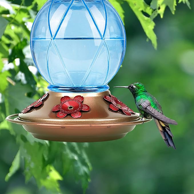 BOLITE Hummingbird Feeder, Glass Hummingbird Feeders for Outdoors, Netted Texture Ball Shape Bottle, 20 Ounces, Blue, Birthday Gifts for Women Men, Gifts for Mom Dad