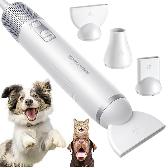 Dog Dryer Handheld Pet Hair Dryer: 3HP High-Velocity Blower with 3 Speeds & 4 Temps Lightweight, Quiet Design. Portable Blow for Travel & Home Grooming. Includes 3 Nozzles (White).