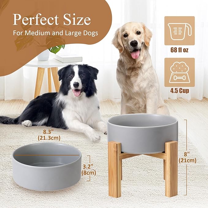 Raised Ceramic Large Dog Bowl - Heavy Weighted Dog Dish with Bamboo Stand - Elevated for Comfortable Feeding - 8.3" W x 8" H - 4.5 Cups (68 fl oz) - Grey