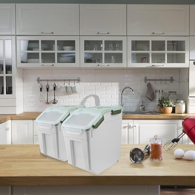 Large Flour Storage Container Bin 25lb, 4 Pack Airtight Rice Storage Containers with Wheels Seal Locking Lid, BPA Free, with Measuring Cup |Scoop, for Flour, Rice, Grain, Dry Food - Green