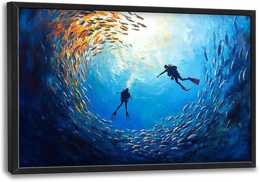 Large Ocean Diving Wall Art for Living Room, Framed Oversized Fish Wall Decor Underwater Marine Life Canvas Painting Modern Artwork for Living Room Bathroom Bedroom Office Dining Room 36"x24"