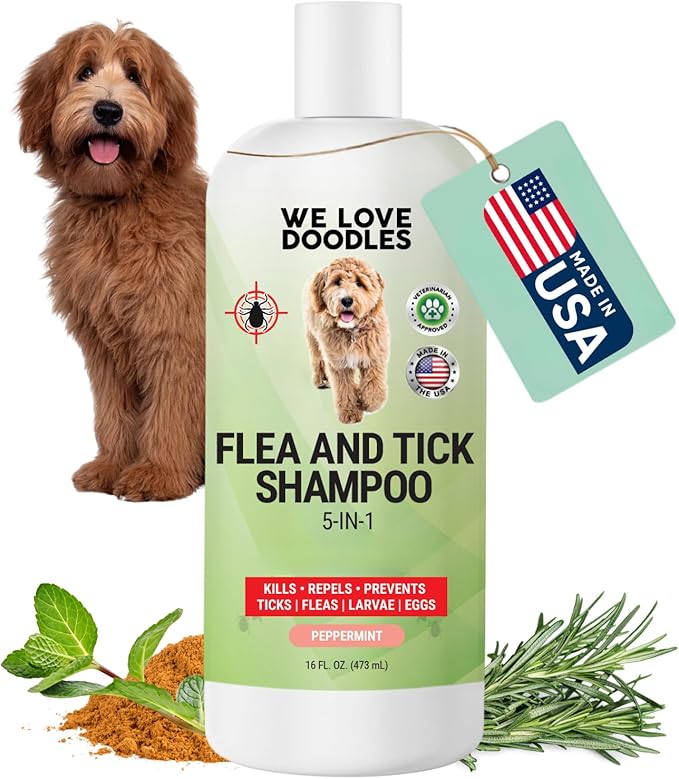 We Love Doodles Flea Shampoo for Dogs - Stops Fleas & Ticks for Dogs, Natural, Safe & Effective Lice Treatment, Soothing Shampoo for Sensitive Skin, Made in USA, 16 oz