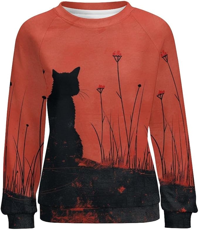 Long Sleeve Shirts for Women Cat Oil Painting Shirt 3D Graphic Sweatshirts Fall Pullover Crewneck Vintage Boho Tops