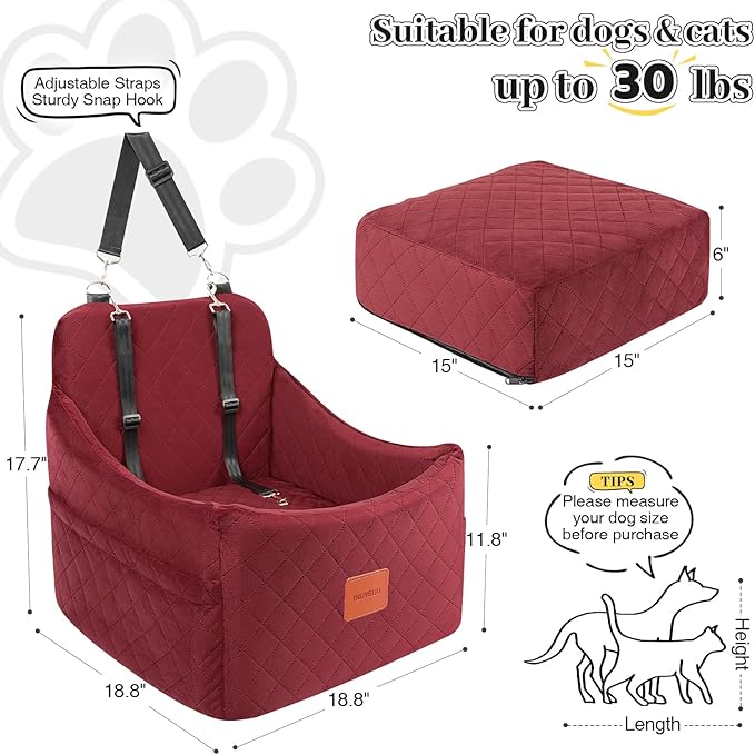 Dog Booster Car Seat for Dogs up to 35lbs, Safety Pet Car Seats with Anti-Slip Bottom, Travel Booster Dog Bed with 2 Storage Pockets (Wine Red, Medium)