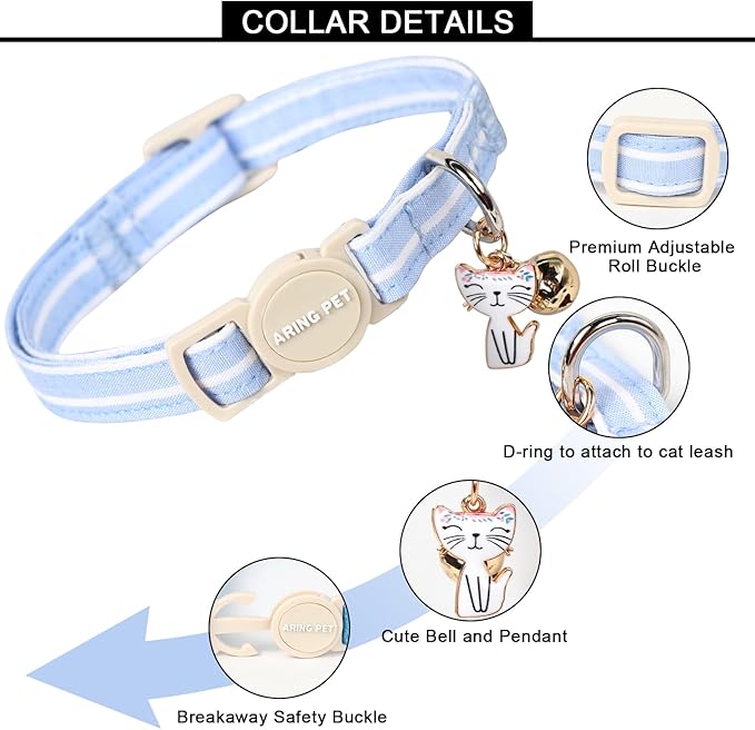 ARING PET 2 Pack Cat Collar-Cute Cotton Cat Collar Breakaway with Bell & Pendant, Adjustable Blue Green Striped Kitten Collars with Safety Buckle for Girl and Boy Pets