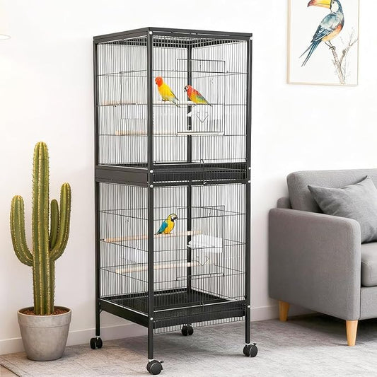 GarveeHome Small Bird Cage with Wheels, 55 Inch Parakeet Cage with Top Stand, 2 in 1 Bird Carrier for Parakeets, Canaries, Lovebirds, Small Quaker, Cockatiels, Budgie, Green Cheek (55in)