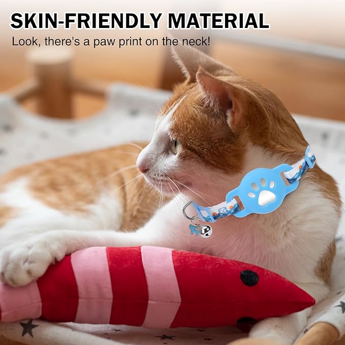 Airtag Cat Collar Breakaway, Cute GPS Cat Tracker Collars with Air Tag Holder, Safety Cat Collars with Bell & Pendant for Girl Boy Cats, Blue
