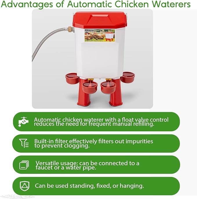 Automatic Chicken Waterer Filtered Float-Controlled Large Chicken Water Feeder Poultry Waterer Kit with Stainless Steel Metal Hose