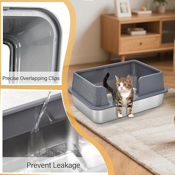 Stainless Steel Litter Box with Lid Cover Mats Scooper, Kitten Litter Box Low Entry, Suitable for Small Space Senior Cats, Side Entry, Grey Enclosure