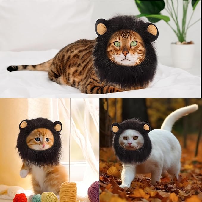 Cat Halloween Costumes - Lion Mane Wig for Cats & Puppies, Adjustable Pet Cosplay Apparel Kitten Outfits for Halloween Christmas Cat Birthday Party (Black)