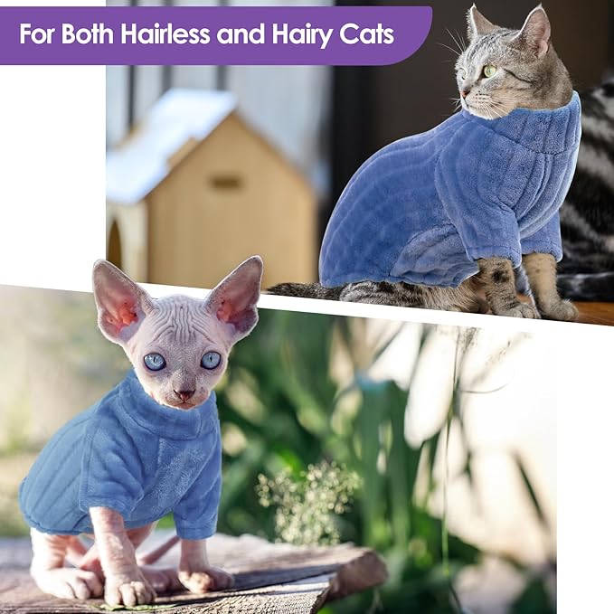 SUNFURA Sweaters for Cats, Hairless Sphynx Sweater Kitten Pullover with Sleeves, Warm and Soft Cat Pajamas Fleece Sweatshirt Jumpsuit, Turtleneck Clothes for Fall Winter, Blue L