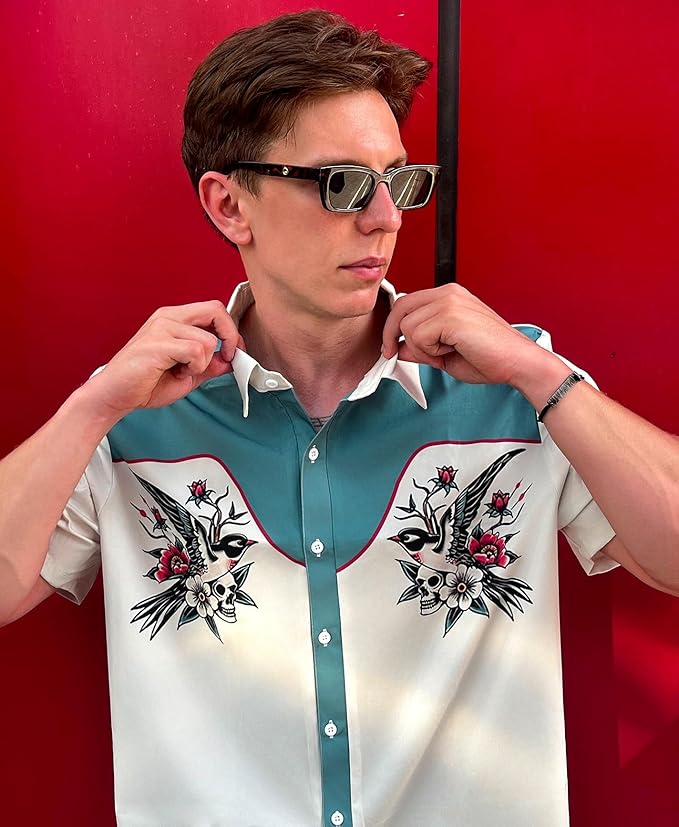 Men’s Hawaiian Shirt Western Cowboy Symmetrical Print Short Sleeve Button Down Casual Beach Holiday Summer Shirt