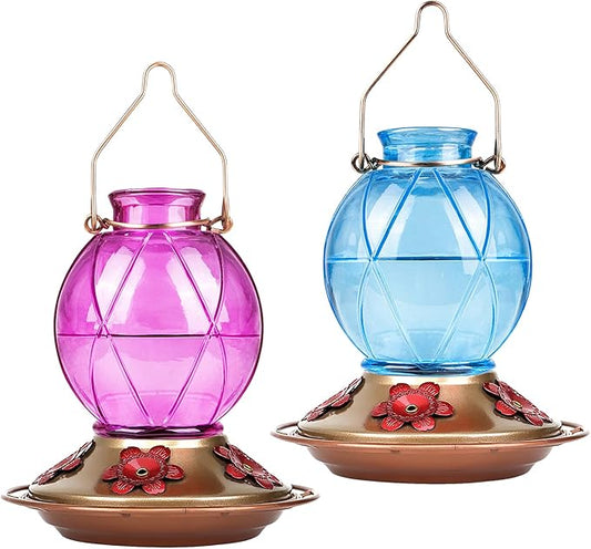 BOLITE Hummingbird Feeders for Outdoors Hanging, Glass Hummingbird Feeder, Wild Bird Feeder with Five Feeding Ports, 20 Ounces, 2 Pack, Purple and Blue, Birthday Gifts for Women Men, Gifts for Mom Dad
