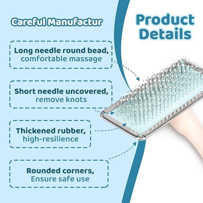 Pin Brush for Dog & Cat,Grooming Brush for Shedding, Dematting, Bath, for Long/Short Hair, Poodles, Indoor Cats, Wooden Handle, with Angled Stainless Steel Pins and Coated Tips