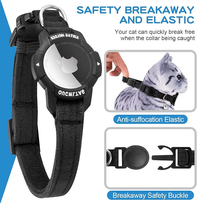 Luminous AirTag Cat Collar Breakaway, OUCWLTAG GPS Cat Collar with Apple Air Tag Holder, Cat Tracker Collars with Safety Elastic Band for Girl Boy Cats, Kittens and Puppies (Black, 7-10 Inch)