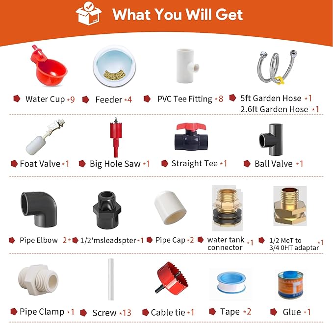 Complete Set Pipeline Automatic Chicken Waterer System(63Accessories Included) Chicken Feeder and Waterer Set,Poultry Waterer,with PVC Pipeline,Float Valve and Garden Hose