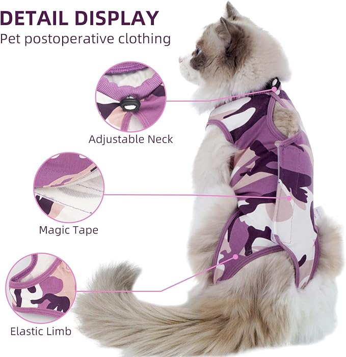 New Professional Cat Recovery Suit After Surgery as E-Collar Alternative, Kitten Recovery Suit for Spay to Cover Abdominal Wounds, Camouflage Apparel Anti-Licking Cat Onesie (S, Purple)