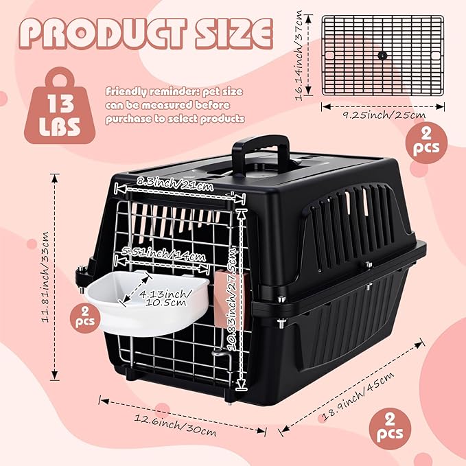 2 Set Pet Carrier for Small Dogs and Cat, Hard Shell Plastic Dog Crate with Bowl and Cooling Pad Fully Breathable Portable Kennel for Small Pet Travel Camp(Black,18.9 x 12.6 x 11.8 Inch)