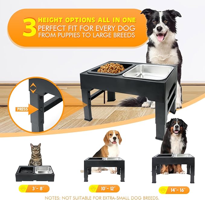 Elevated Dog Bowls with 3 Adjustable Heights, Raised Bowl Stand for Medium & Large Dogs, 1L Food and Water Feeder, Adjustable Pet Dish Station-Grey