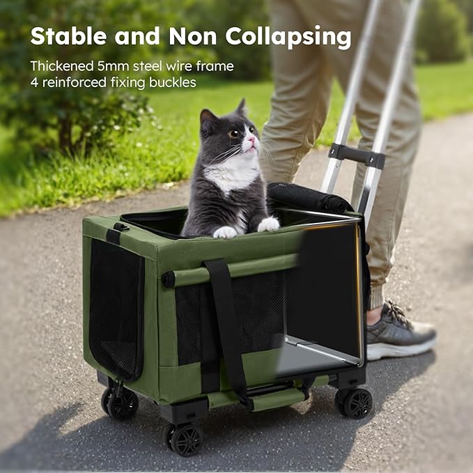 Pecute Cat Carrier with Wheels,Steel Wire Frame Cat Carrier, Stable Pet Trolley for Cats, Pet Handbag and Stroller Bag, Portable Cat Bag for Travel Bus Subway, Green