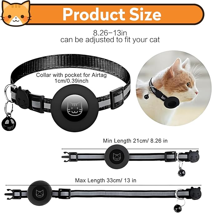 2 Pack Airtag Cat Collar with Bell, Reflective Nylon Kitten Collar with Apple Air Tag Holder and Breakaway Safety Buckle for Puppy Girl Boy Cats, 3/8" in Width and Lightweight, Blue