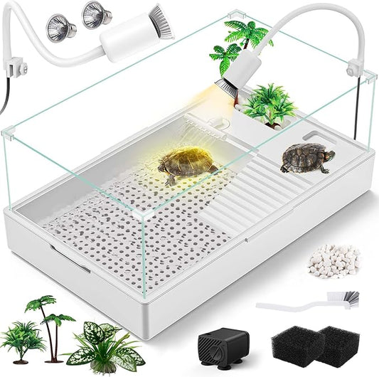 Large Turtle Tank Kit(Tank + Light + Water Pump), Acrylic Turtle Tank Starter Kit with Two Rain Shower Head, Adjustable 5W Water Pump, Higher Fences (Kit-L)