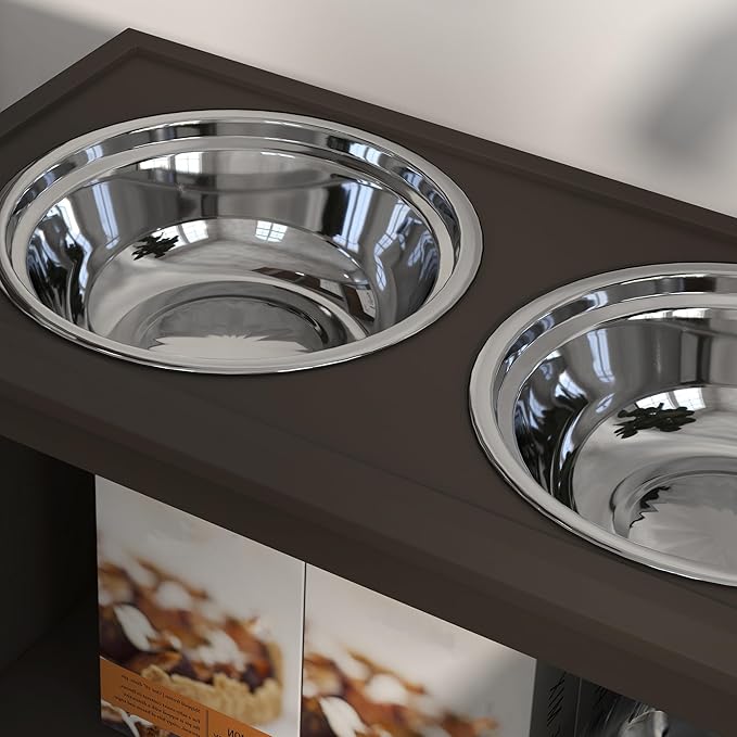 PawHut Large Elevated Dog Bowls with Storage Cabinet - 37L Capacity, Raised Dog Bowl Stand Feeding Station, Espresso