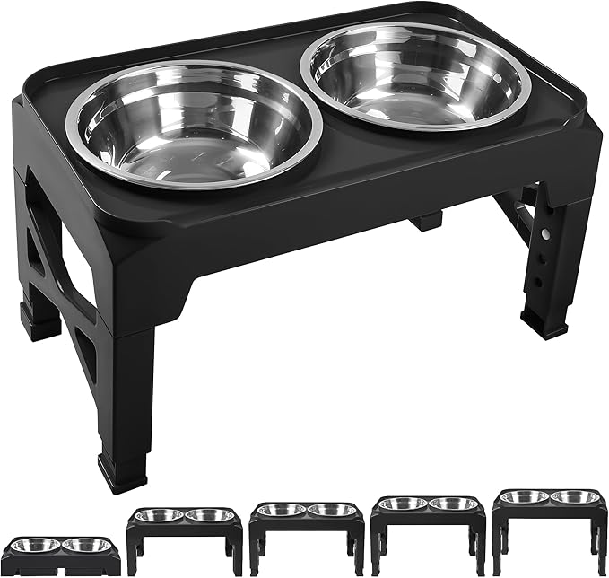 Hubulk Elevated Dog Bowls with 2 Stainless Steel Food & Water Raised Bowls with No Spill Edge Non-Slip Stand Adjusts to 5 Height(3.2", 8.77", 9.9",11.1", 12.3")for Small Medium Large Dog and Pet Black