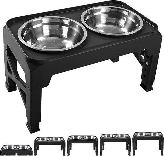 Hubulk Elevated Dog Bowls with 2 Stainless Steel Food & Water Raised Bowls with No Spill Edge Non-Slip Stand Adjusts to 5 Height(3.2", 8.77", 9.9",11.1", 12.3")for Small Medium Large Dog and Pet Black