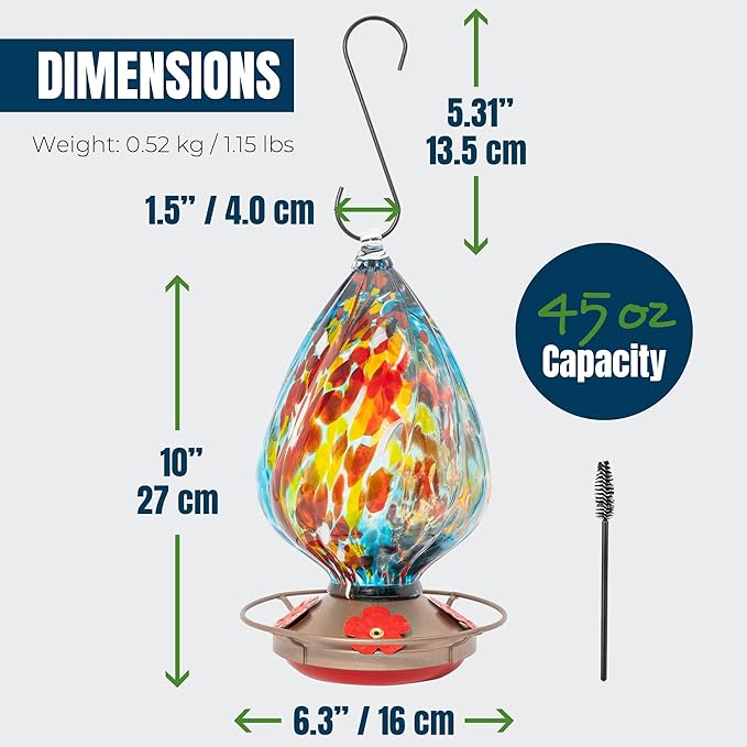 MEKKAPRO Glass Hummingbird Feeders for Outdoors 45oz, Decorative Feeder with Blown Glass Design for Outdoors Hanging and Backyard, Easy Fill with 4 Nectar Feeding Flowers (Sky Blue)