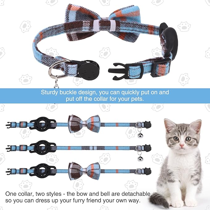 Airtag Cat Collar with Bells, Kitten Collar Breakaway for Girl Boy Cats, Safety Cat Collars with Bow Tie, Cat Collar Airtag Holder for Small Dogs Pets, 1 Pack Adjustable Plaid Design, Blue