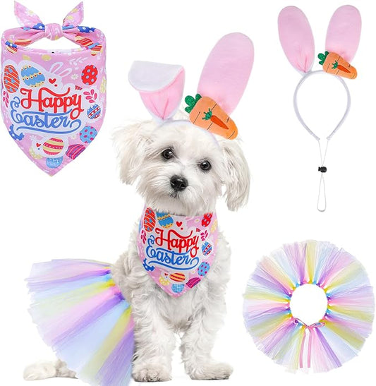 SCENEREAL Easter Dog Bandana Outfit with Cute Bunny Ears Headband and Tutu Dress, Puppy Holiday Costume Accessory, Pink Eggs Rabbit Prints Scarf Pet Birthday Party Supplies for Small Medium Dogs Cats