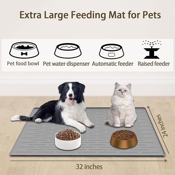 Extra Large Pet Food Mat for Dogs, 32''x24'' Waterproof Dog Feeding Mat, Non-Slip Silicone Dog Bowl Mat for Floors, Easy Clean Pet Water Mat Tray (Dark Green)