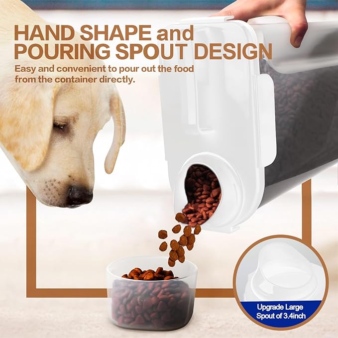 Dog Food Storage Container, 5-7 Lbs Airtight Pet Food Container, Cat food Container Dispenser with Portable Handle, Pouring Spout and Measuring Cup for Dogs Cats 2Pack White/6Qt