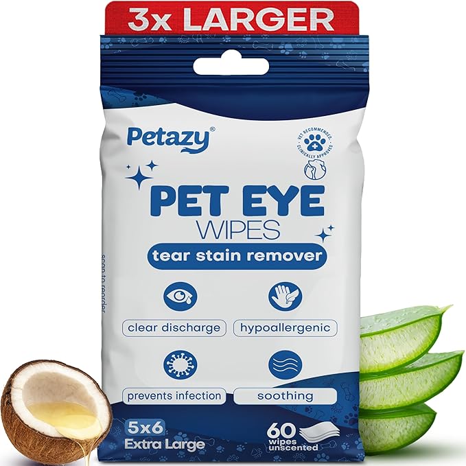 Pet Eye Wipes for Dogs & Cats | 5x6” Hypoallergenic Tear Stain Remover Wipes | 3X Larger Unscented Gentle Eye Wipes to Remove Discharge | 99% Natural Ing. Safe for Sensitive Pets | 60 Wipes